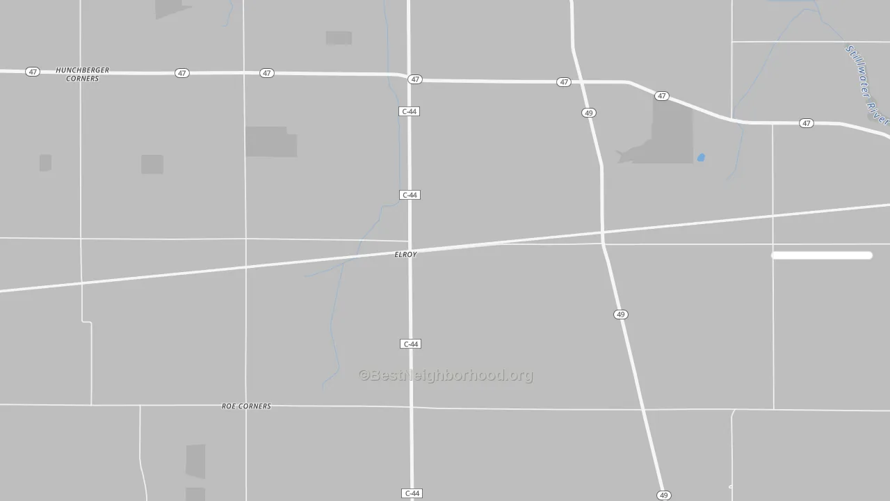 Walk Grade map of Elroy, OH, walkable areas in green and car-dependent areas in red
