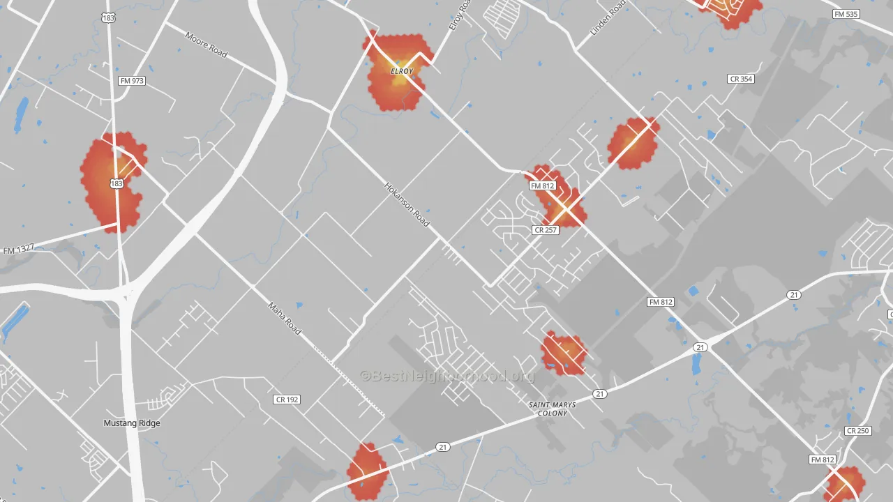 Walk Grade map of Elroy, TX, walkable areas in green and car-dependent areas in red