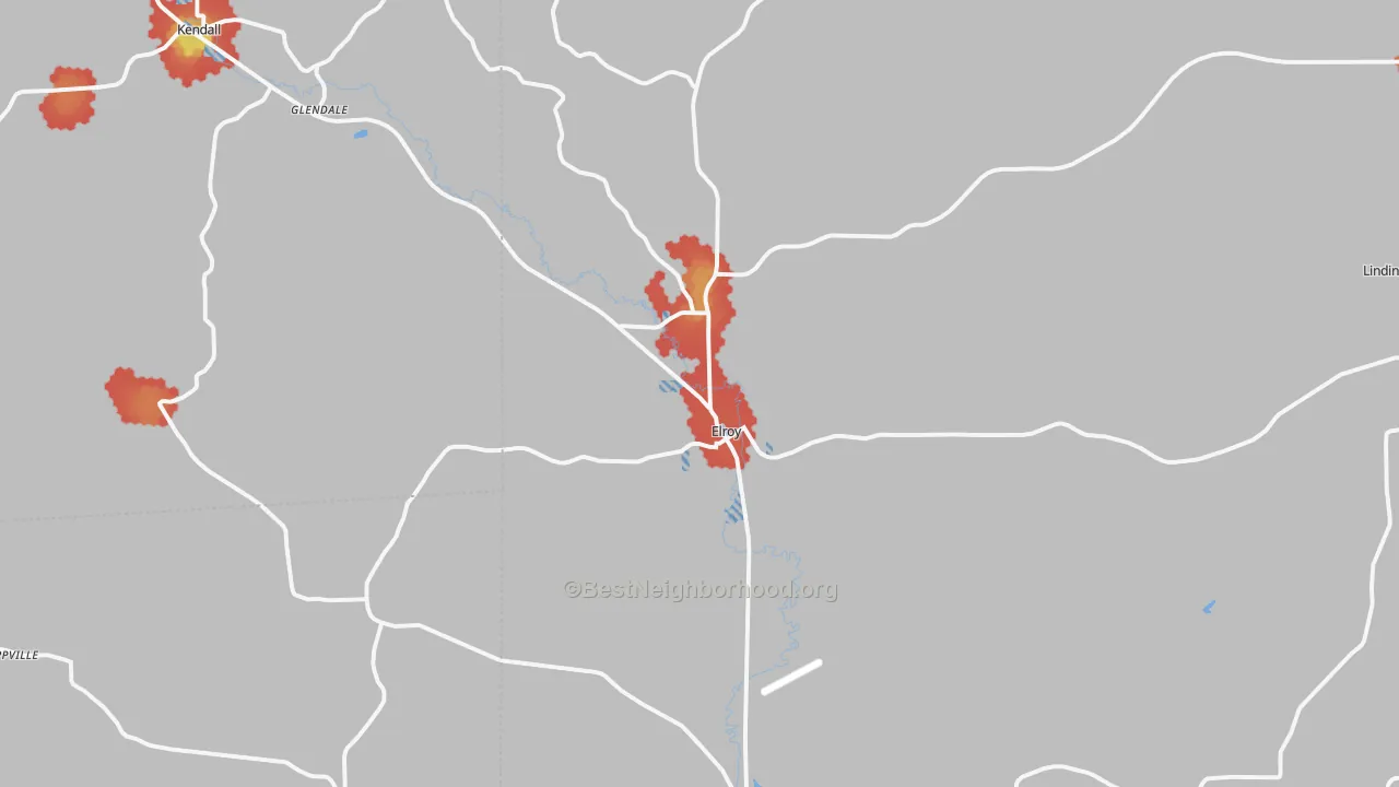 Walk Grade map of Elroy, WI, walkable areas in green and car-dependent areas in red