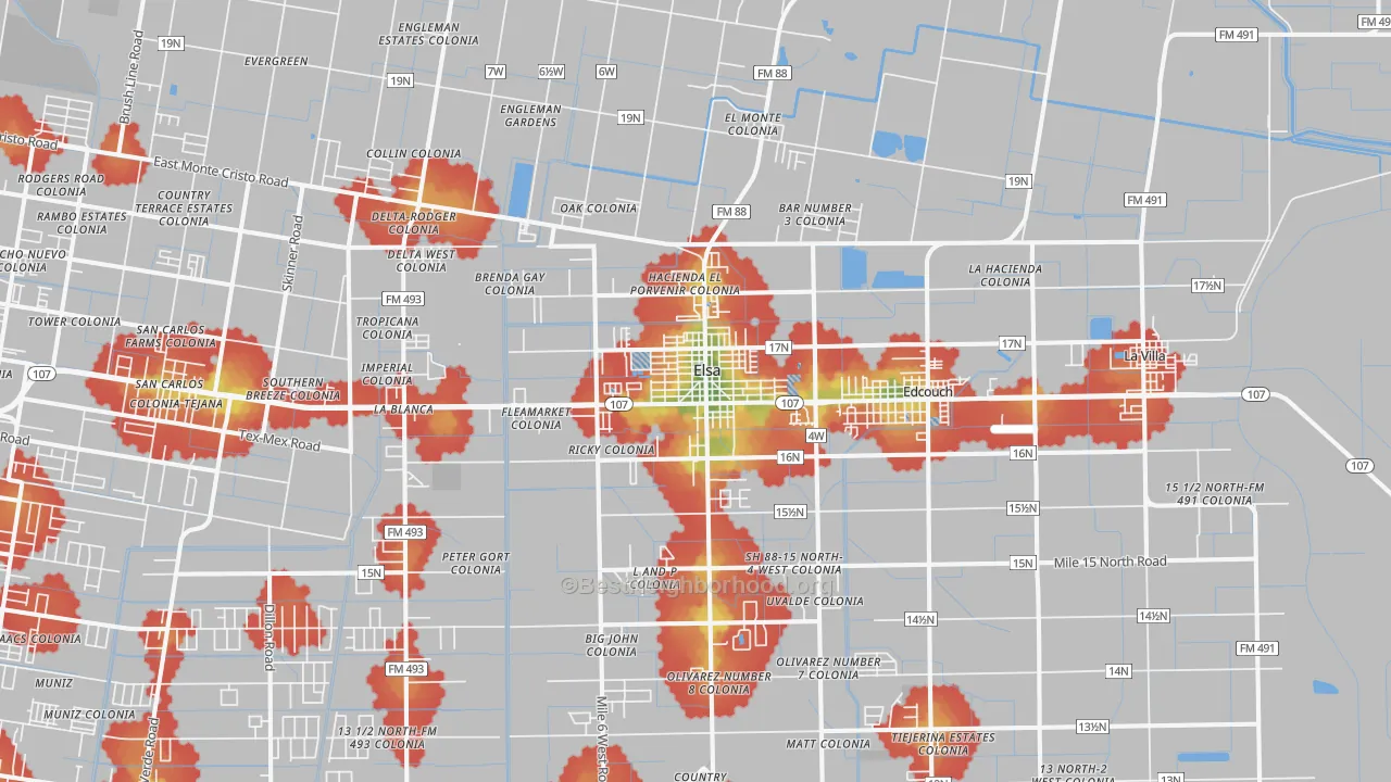Walk Grade map of Elsa, TX, walkable areas in green and car-dependent areas in red