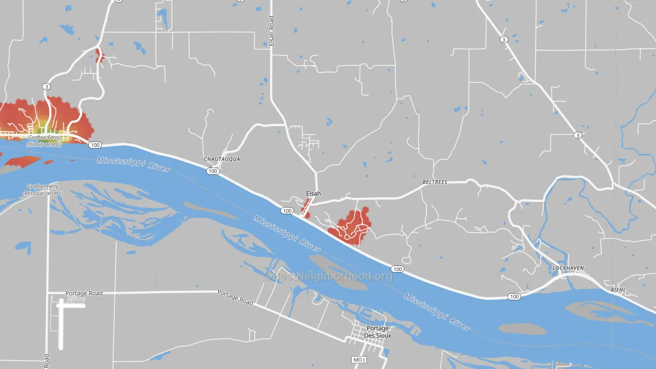 Walk Grade map of Elsah, IL, walkable areas in green and car-dependent areas in red