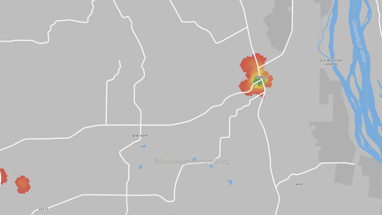 Walk Grade map of Elsberry, MO, walkable areas in green and car-dependent areas in red