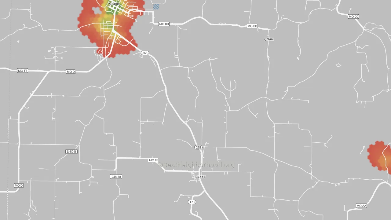 Walk Grade map of Elsey, MO, walkable areas in green and car-dependent areas in red