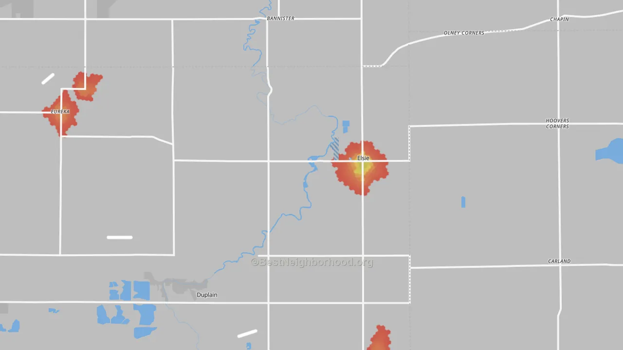 Walk Grade map of Elsie, MI, walkable areas in green and car-dependent areas in red