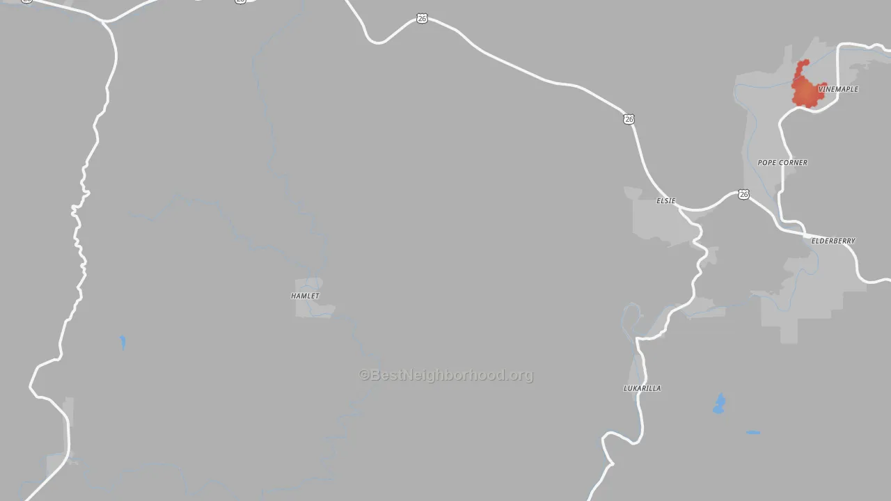 Walk Grade map of Elsie, OR, walkable areas in green and car-dependent areas in red