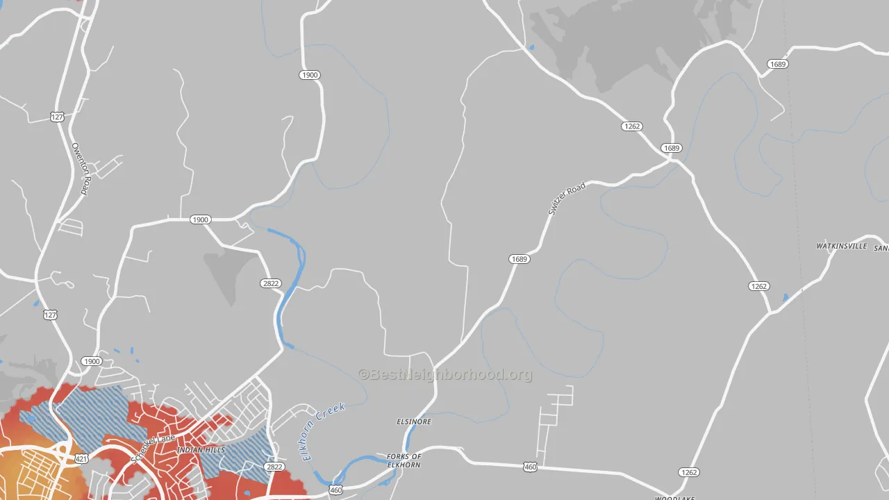 Walk Grade map of Elsinore, KY, walkable areas in green and car-dependent areas in red