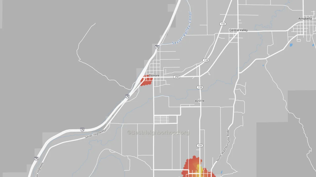 Walk Grade map of Elsinore, UT, walkable areas in green and car-dependent areas in red