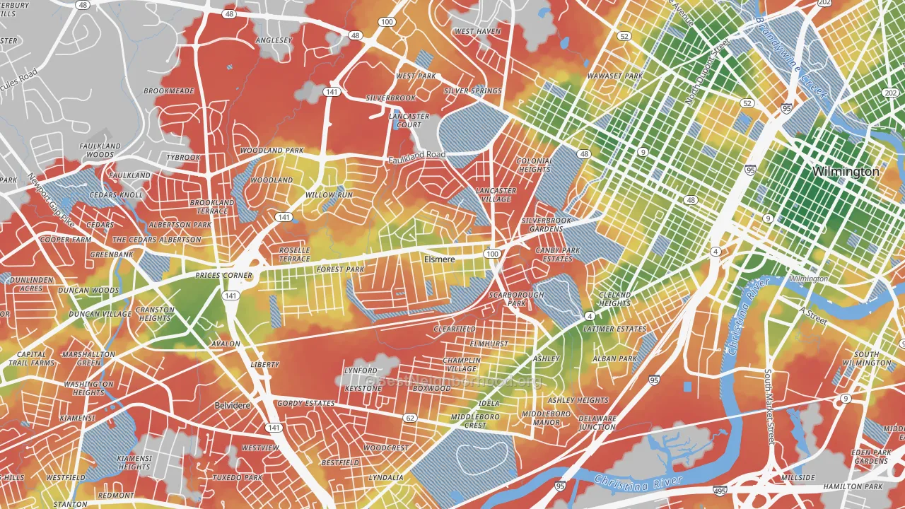 Walk Grade map of Elsmere, DE, walkable areas in green and car-dependent areas in red