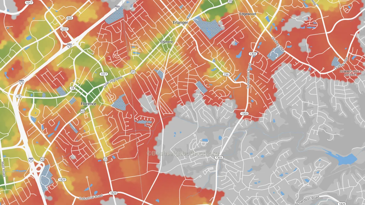 Walk Grade map of Elsmere, KY, walkable areas in green and car-dependent areas in red