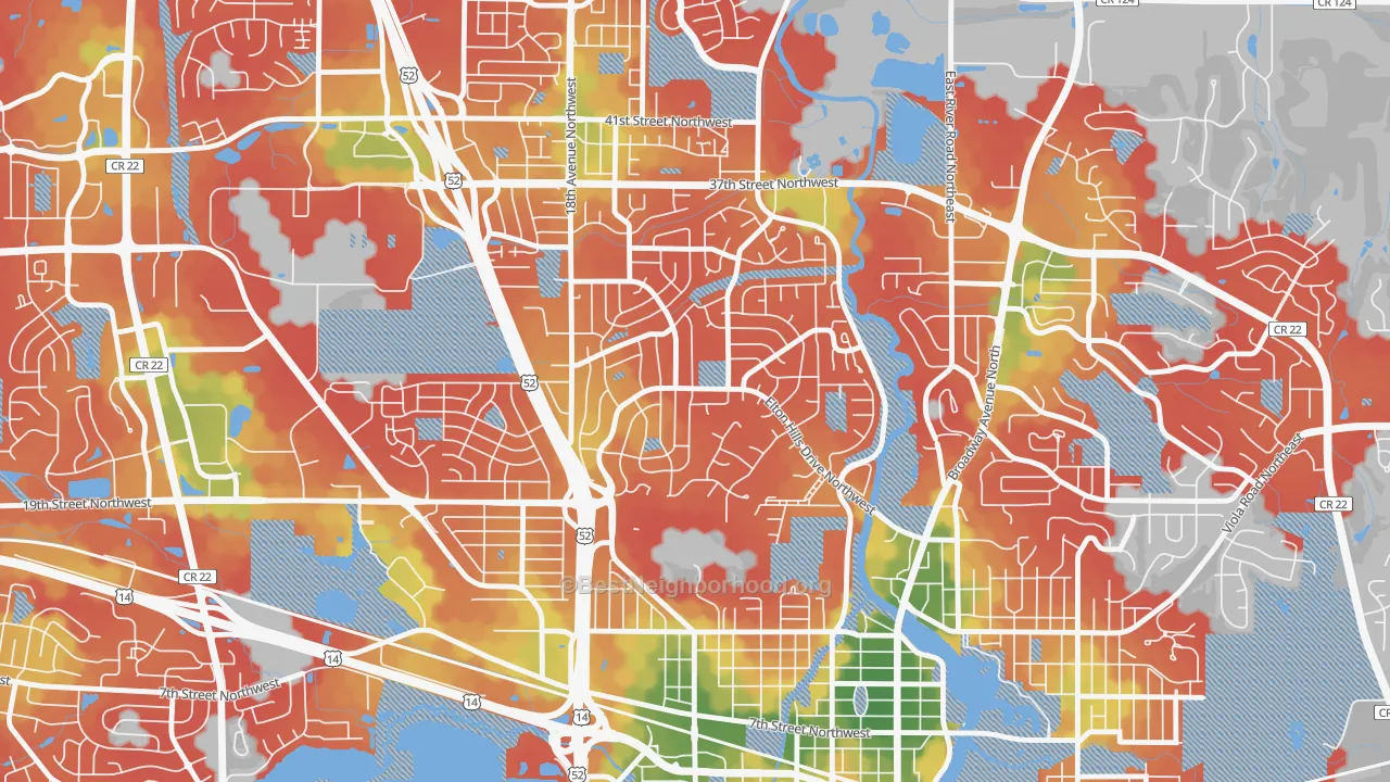 Walk Grade map of Elton Hills, Rochester, MN, walkable areas in green and car-dependent areas in red