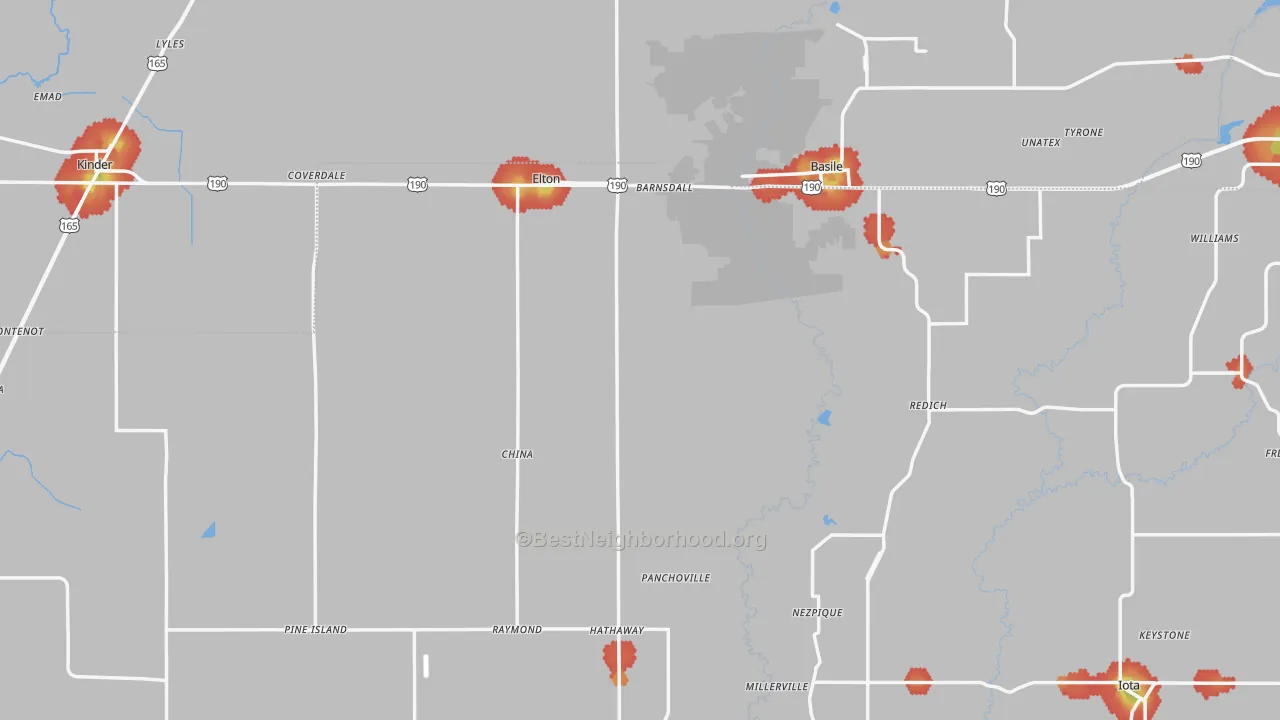 Walk Grade map of Elton, LA, walkable areas in green and car-dependent areas in red