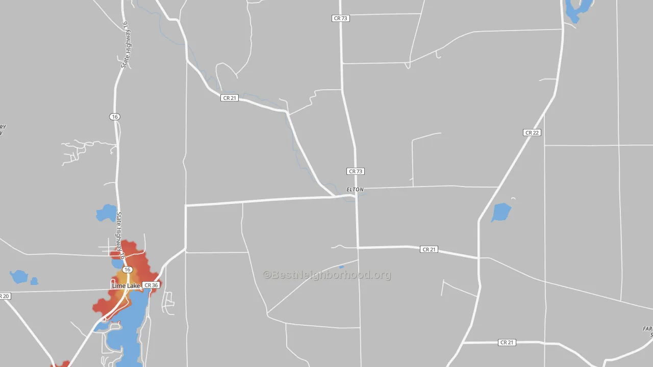 Walk Grade map of Elton, NY, walkable areas in green and car-dependent areas in red