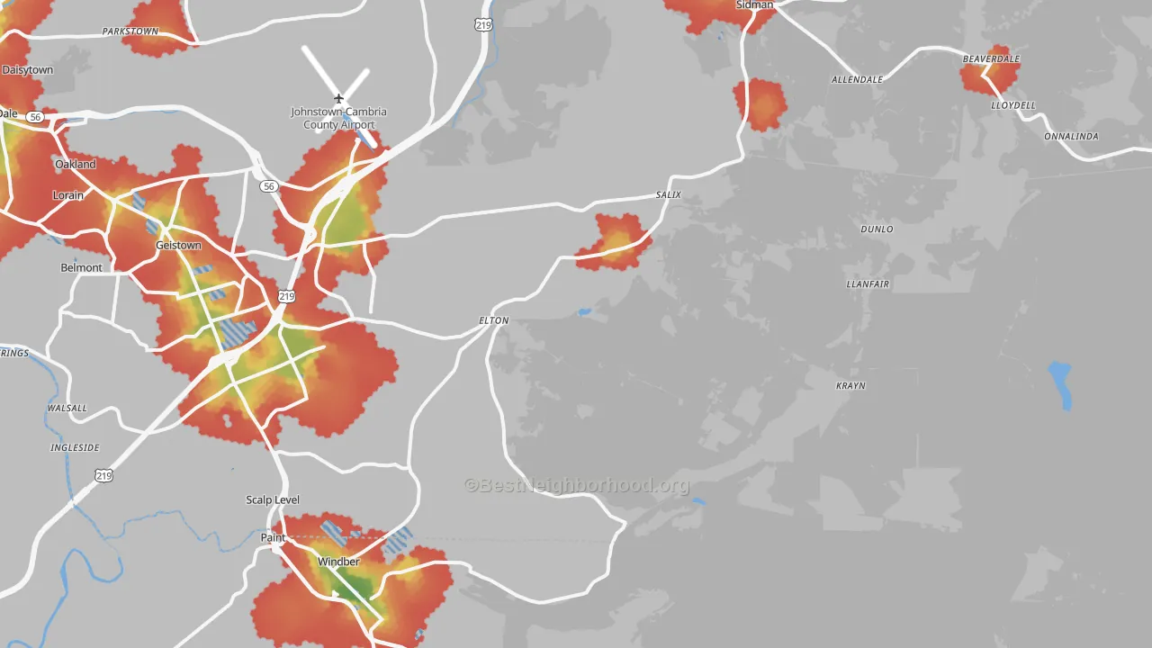 Walk Grade map of Elton, PA, walkable areas in green and car-dependent areas in red