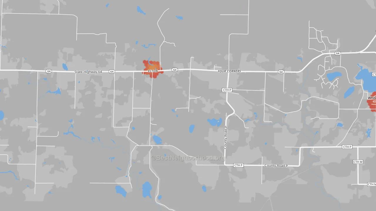 Walk Grade map of Elton, WI, walkable areas in green and car-dependent areas in red