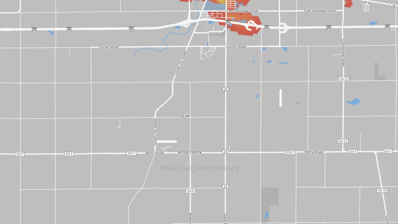 Walk Grade map of Elva, IL, walkable areas in green and car-dependent areas in red