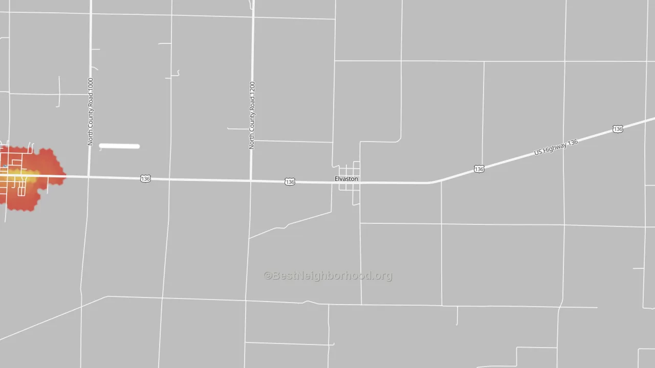Walk Grade map of Elvaston, IL, walkable areas in green and car-dependent areas in red