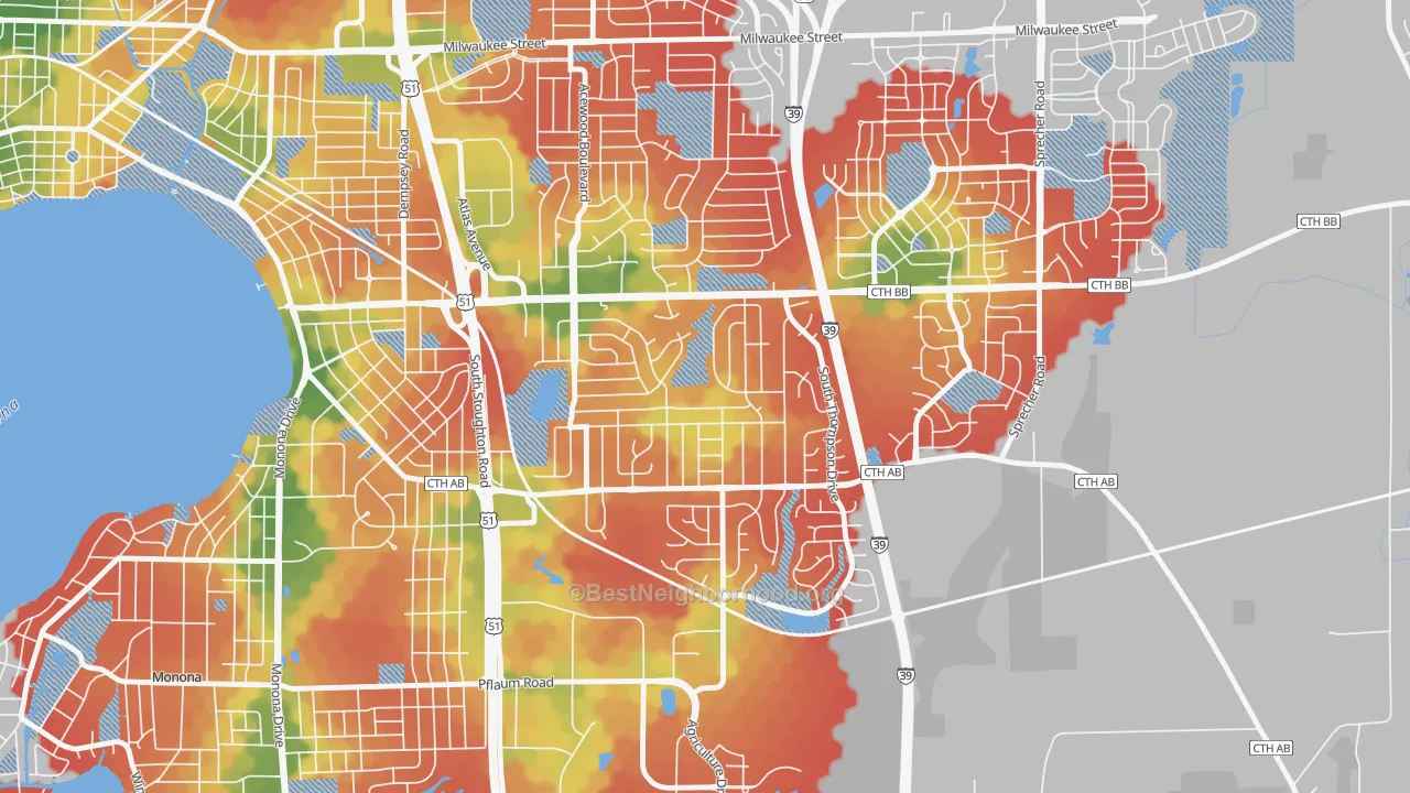 Walk Grade map of Elvehjem, Madison, WI, walkable areas in green and car-dependent areas in red