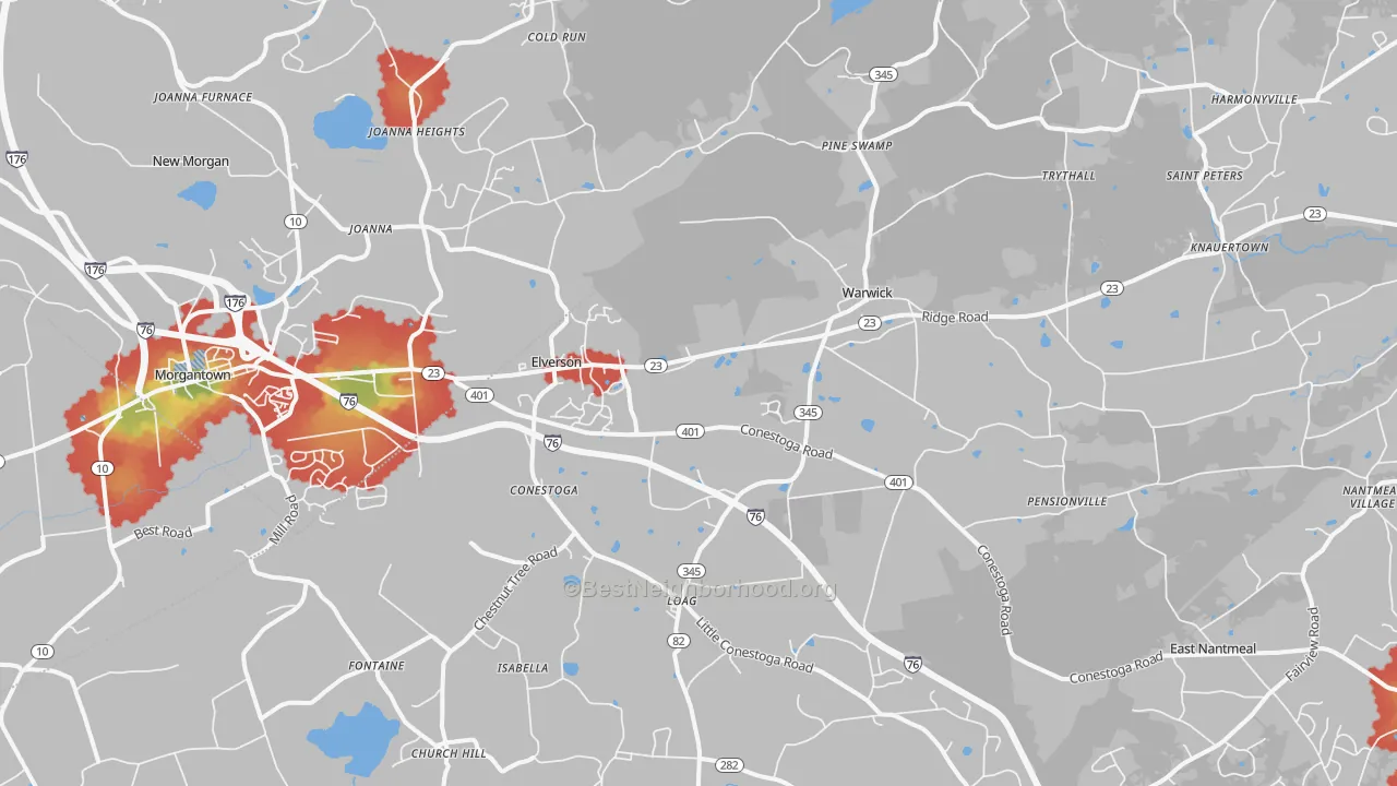 Walk Grade map of Elverson, PA, walkable areas in green and car-dependent areas in red