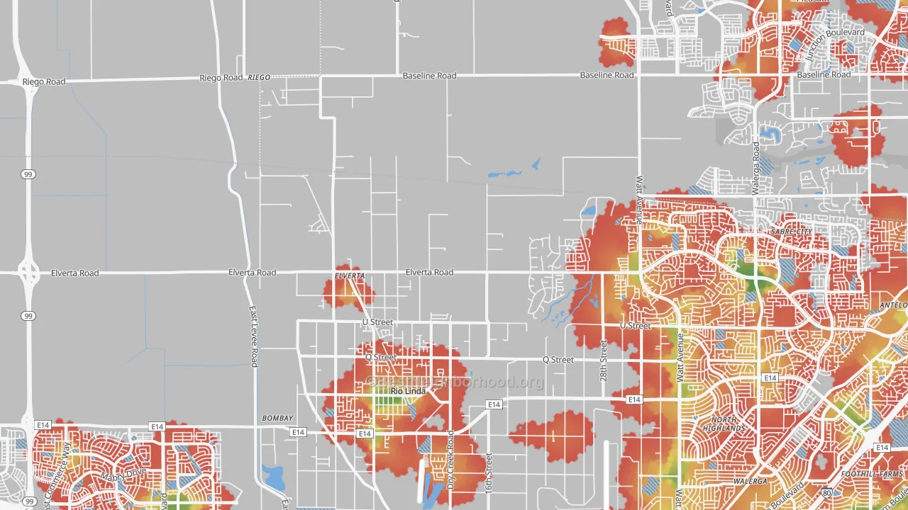 Walk Grade map of Elverta, CA, walkable areas in green and car-dependent areas in red
