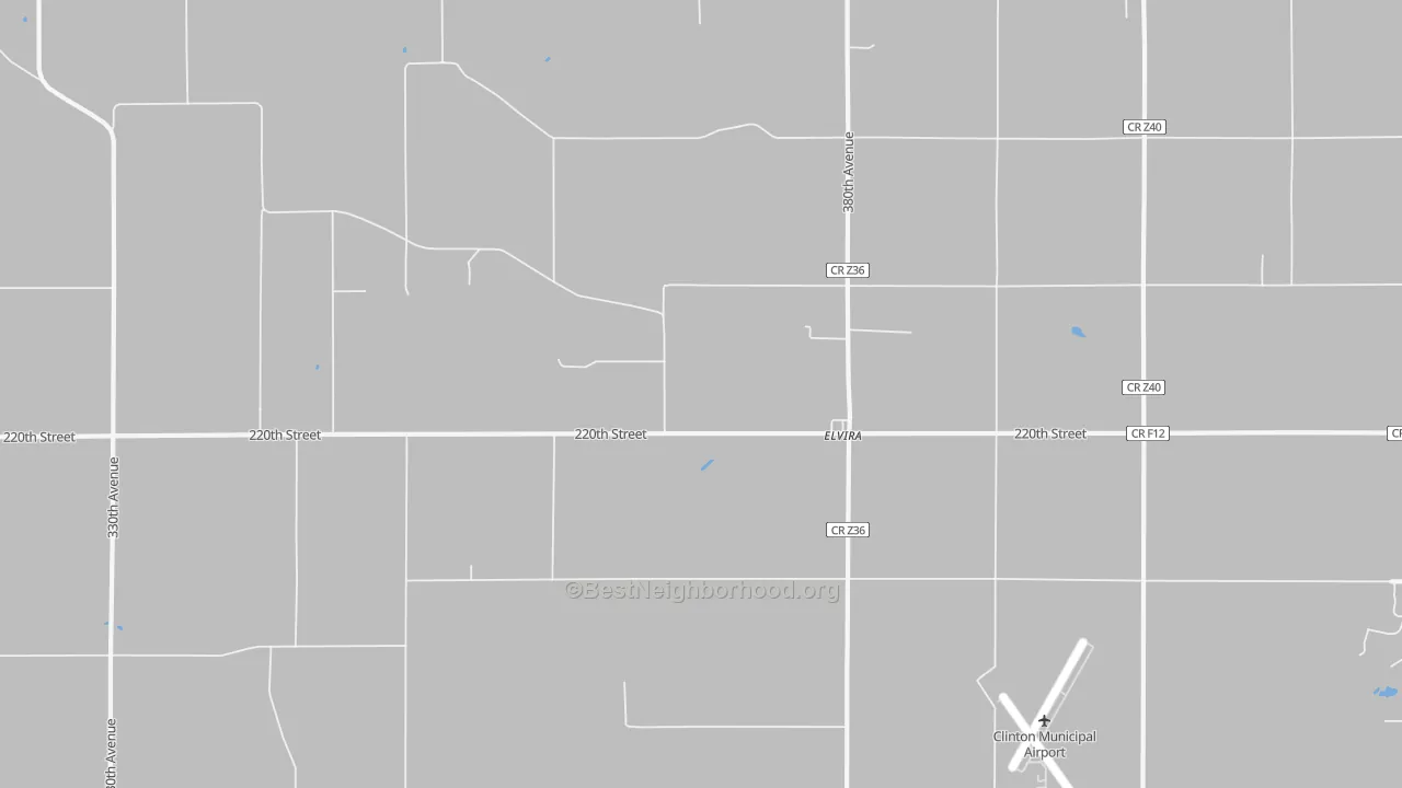 Walk Grade map of Elvira, IA, walkable areas in green and car-dependent areas in red
