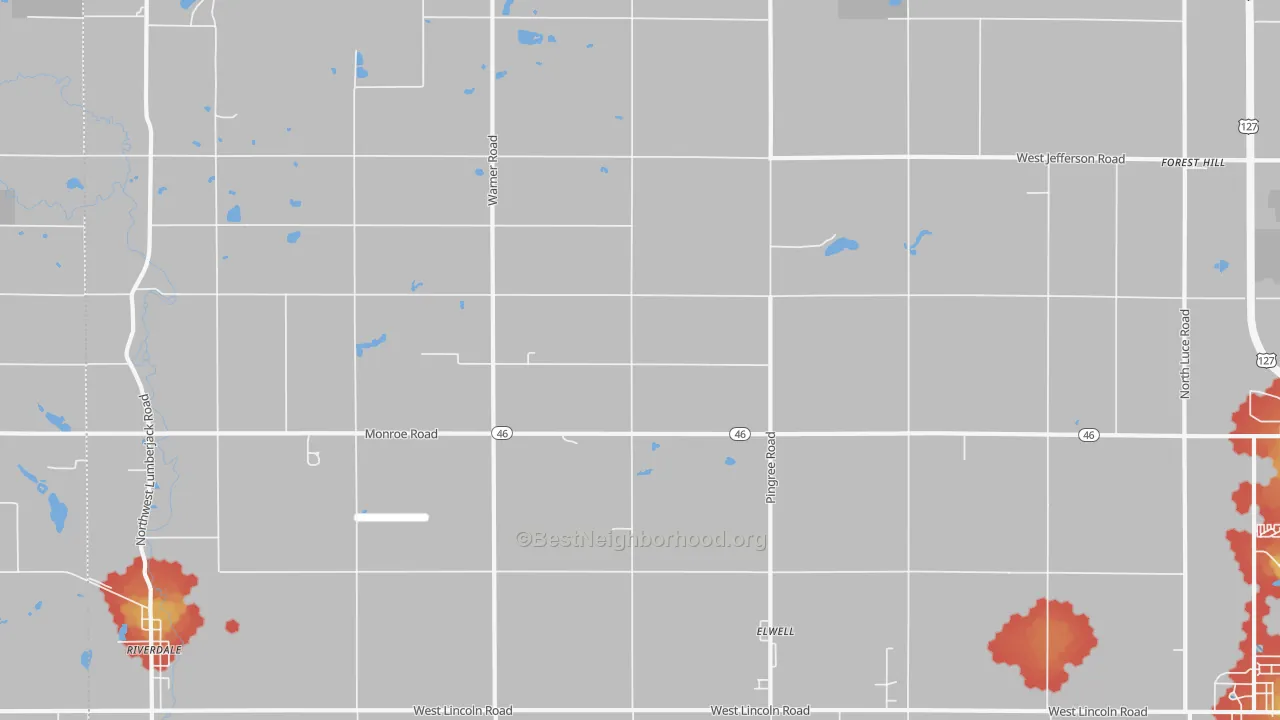 Walk Grade map of Elwell, MI, walkable areas in green and car-dependent areas in red
