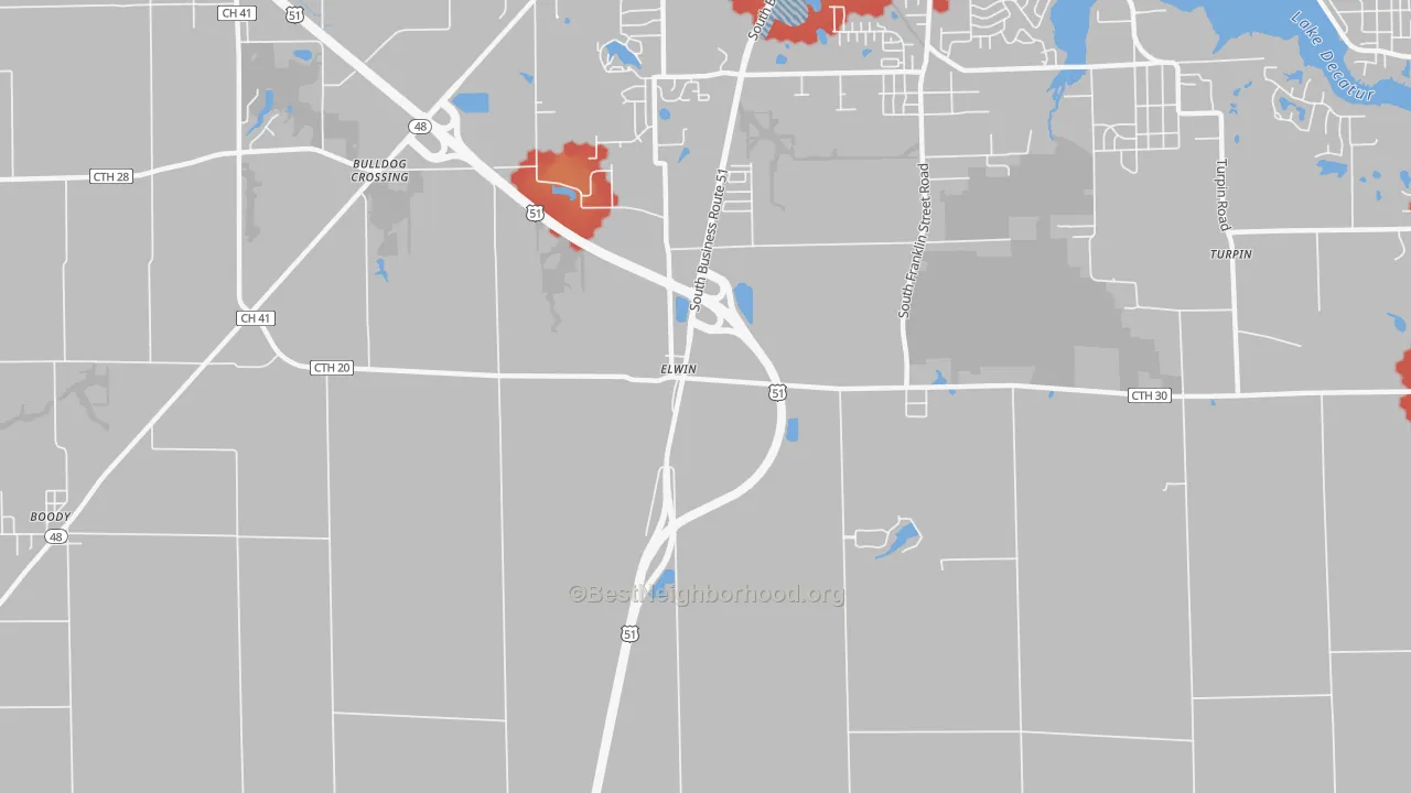 Walk Grade map of Elwin, IL, walkable areas in green and car-dependent areas in red
