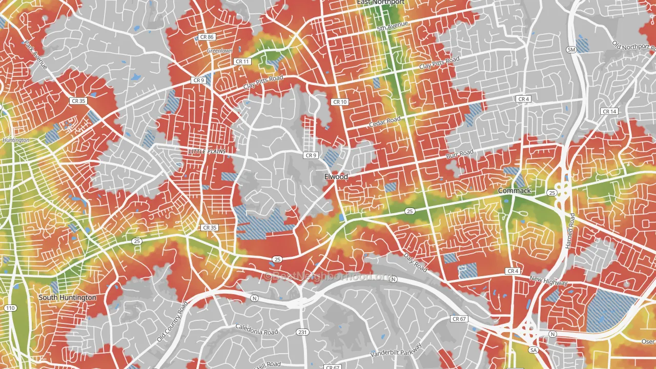 Walk Grade map of Elwood, East Northport, NY, walkable areas in green and car-dependent areas in red