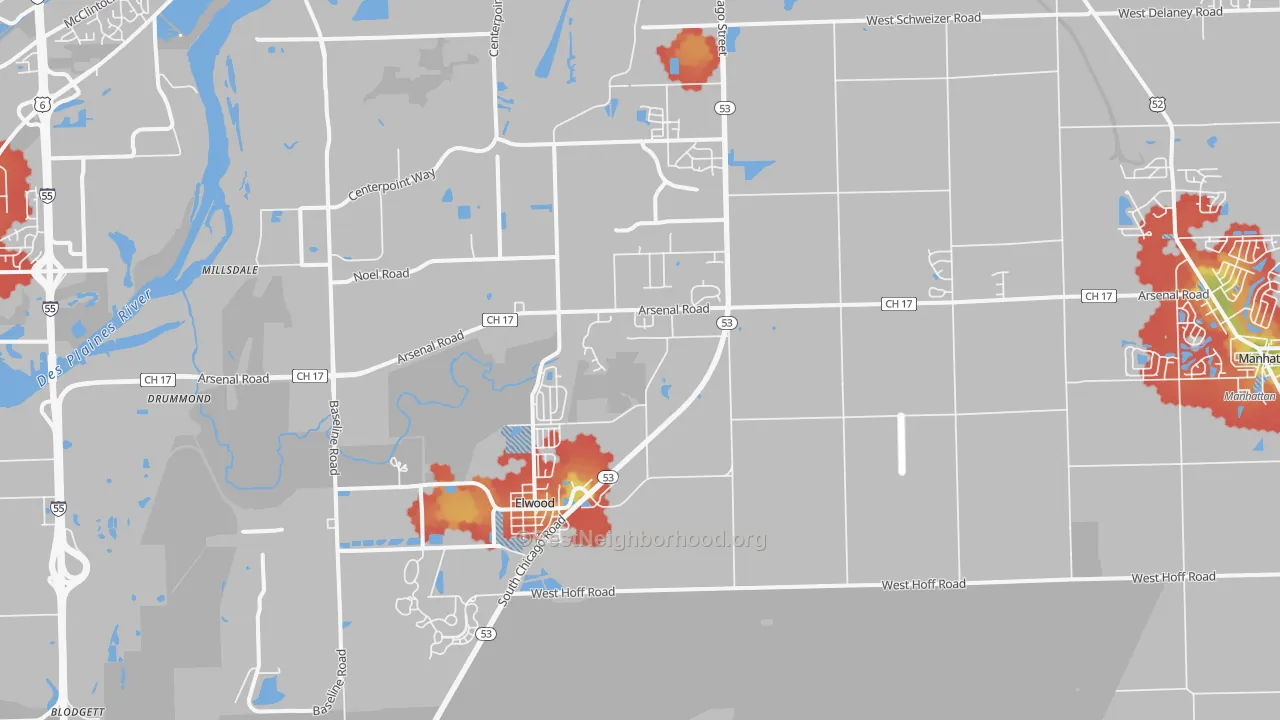 Walk Grade map of Elwood, IL, walkable areas in green and car-dependent areas in red
