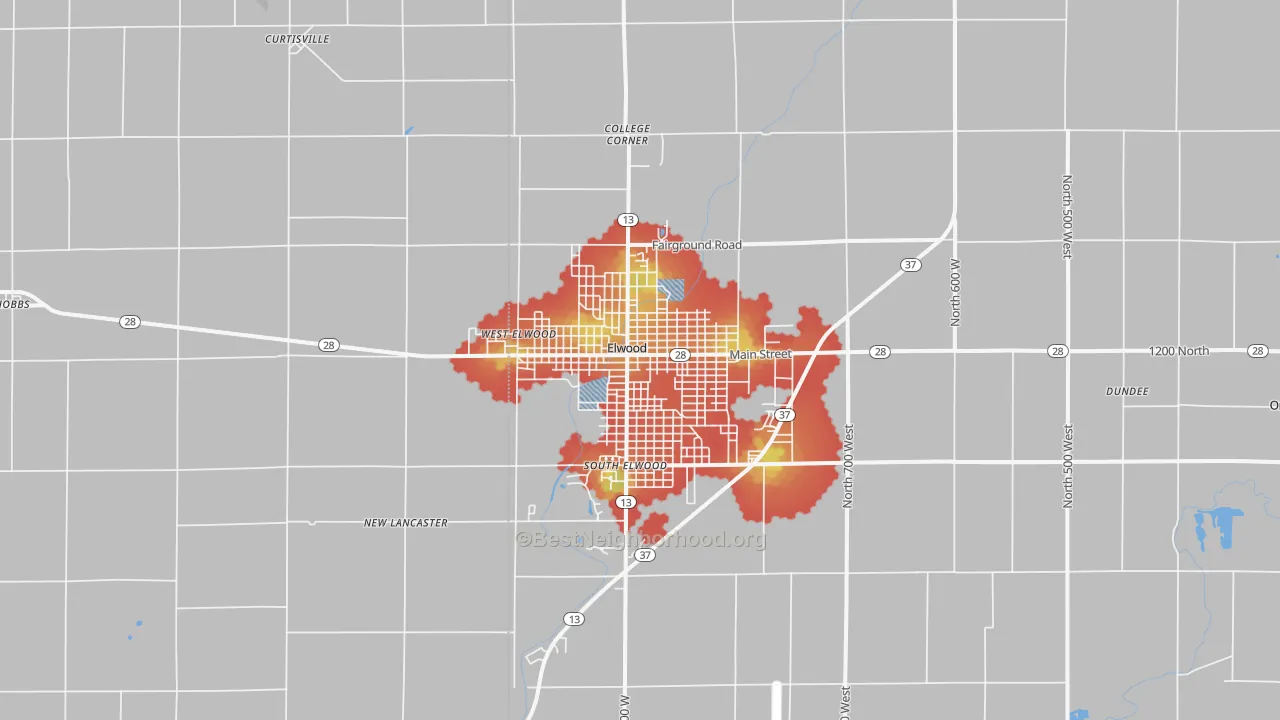 Walk Grade map of Elwood, IN, walkable areas in green and car-dependent areas in red