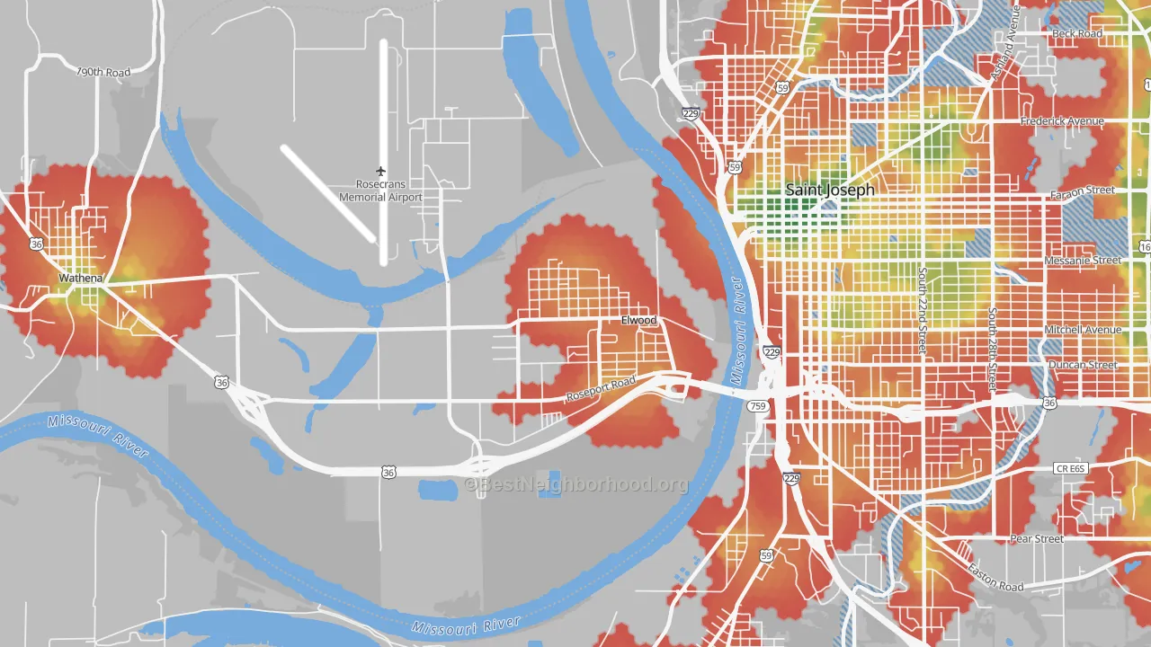 Walk Grade map of Elwood, KS, walkable areas in green and car-dependent areas in red