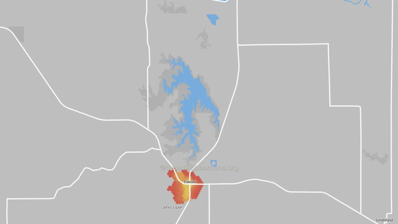 Walk Grade map of Elwood, NE, walkable areas in green and car-dependent areas in red