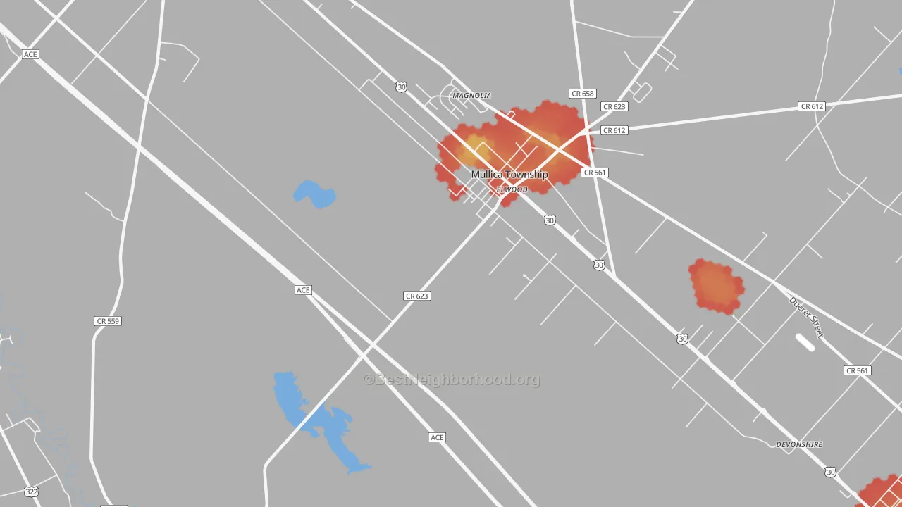 Walk Grade map of Elwood, NJ, walkable areas in green and car-dependent areas in red