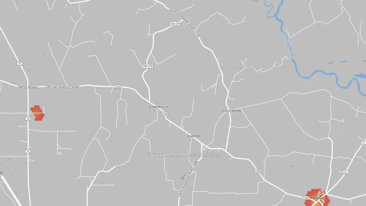 Walk Grade map of Elwood, TX, walkable areas in green and car-dependent areas in red