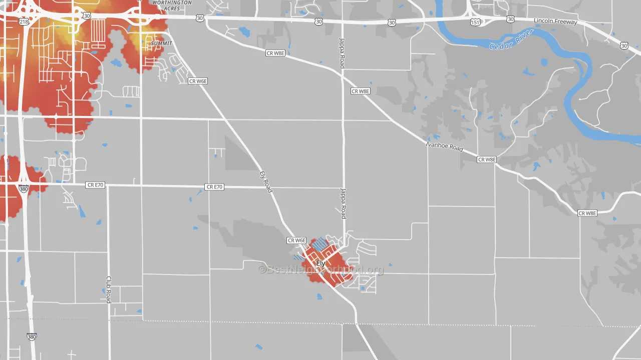 Walk Grade map of Ely, IA, walkable areas in green and car-dependent areas in red