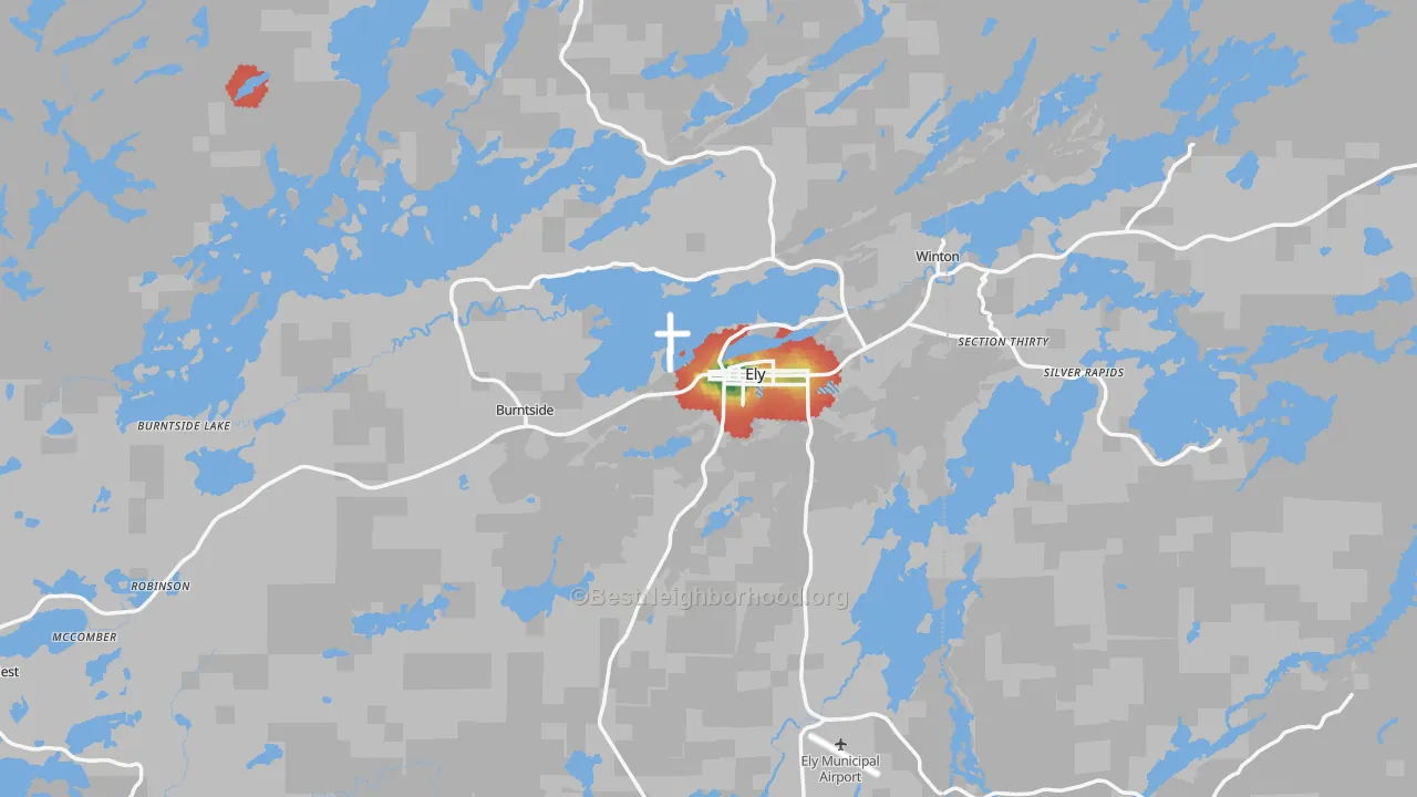 Walk Grade map of Ely, MN, walkable areas in green and car-dependent areas in red