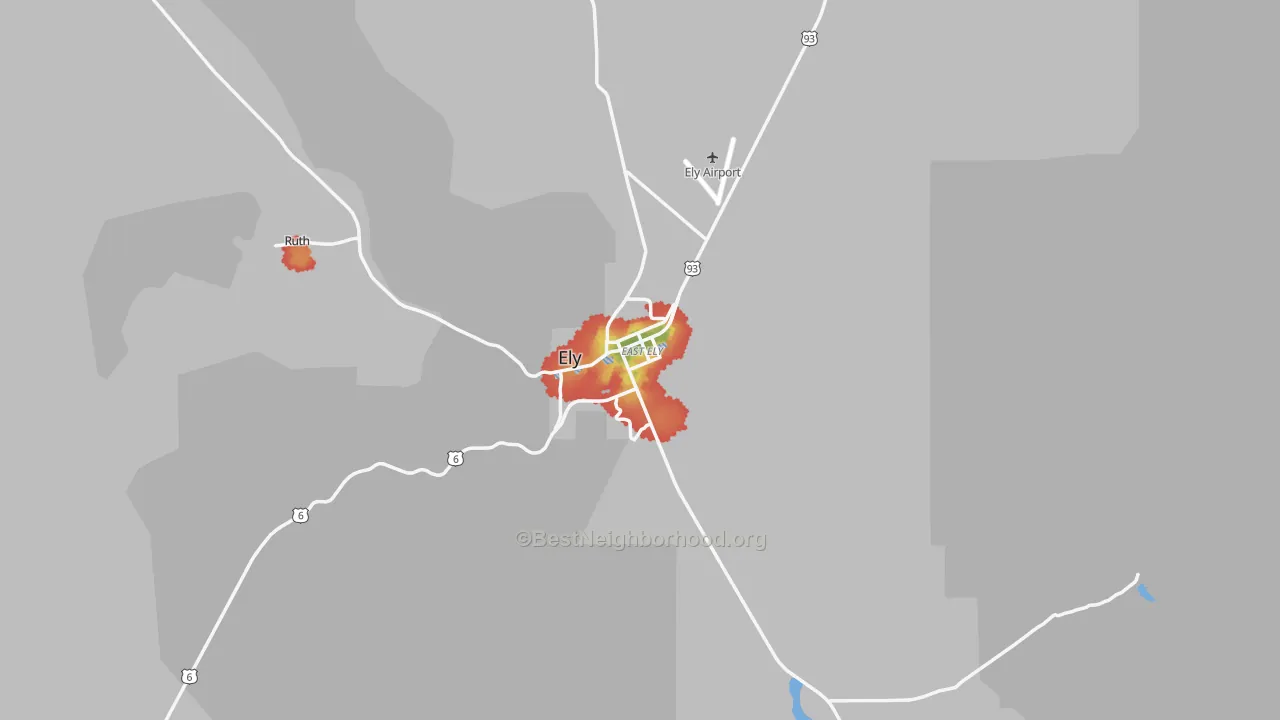 Walk Grade map of Ely, NV, walkable areas in green and car-dependent areas in red