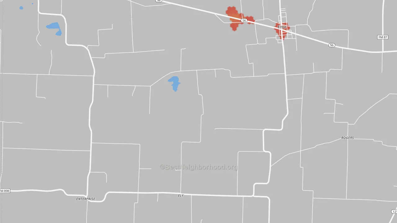 Walk Grade map of Ely, TX, walkable areas in green and car-dependent areas in red