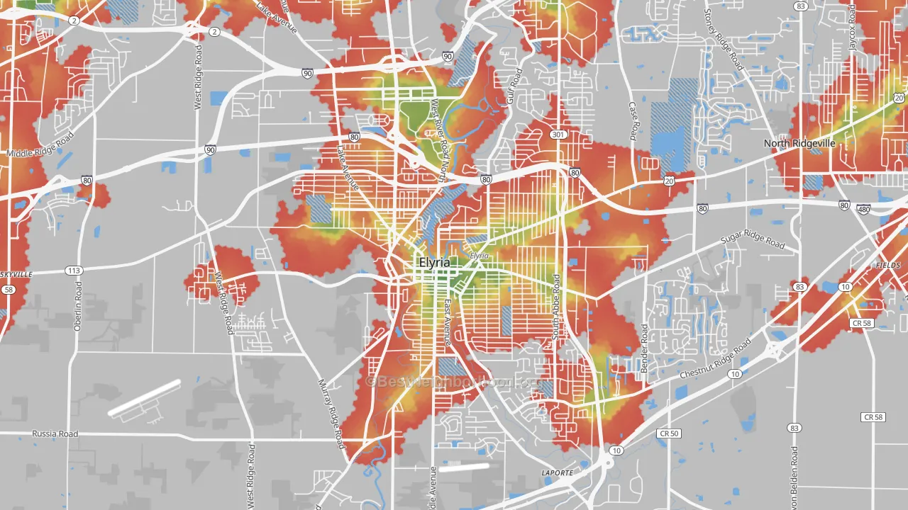 Walk Grade map of Elyria, OH, walkable areas in green and car-dependent areas in red