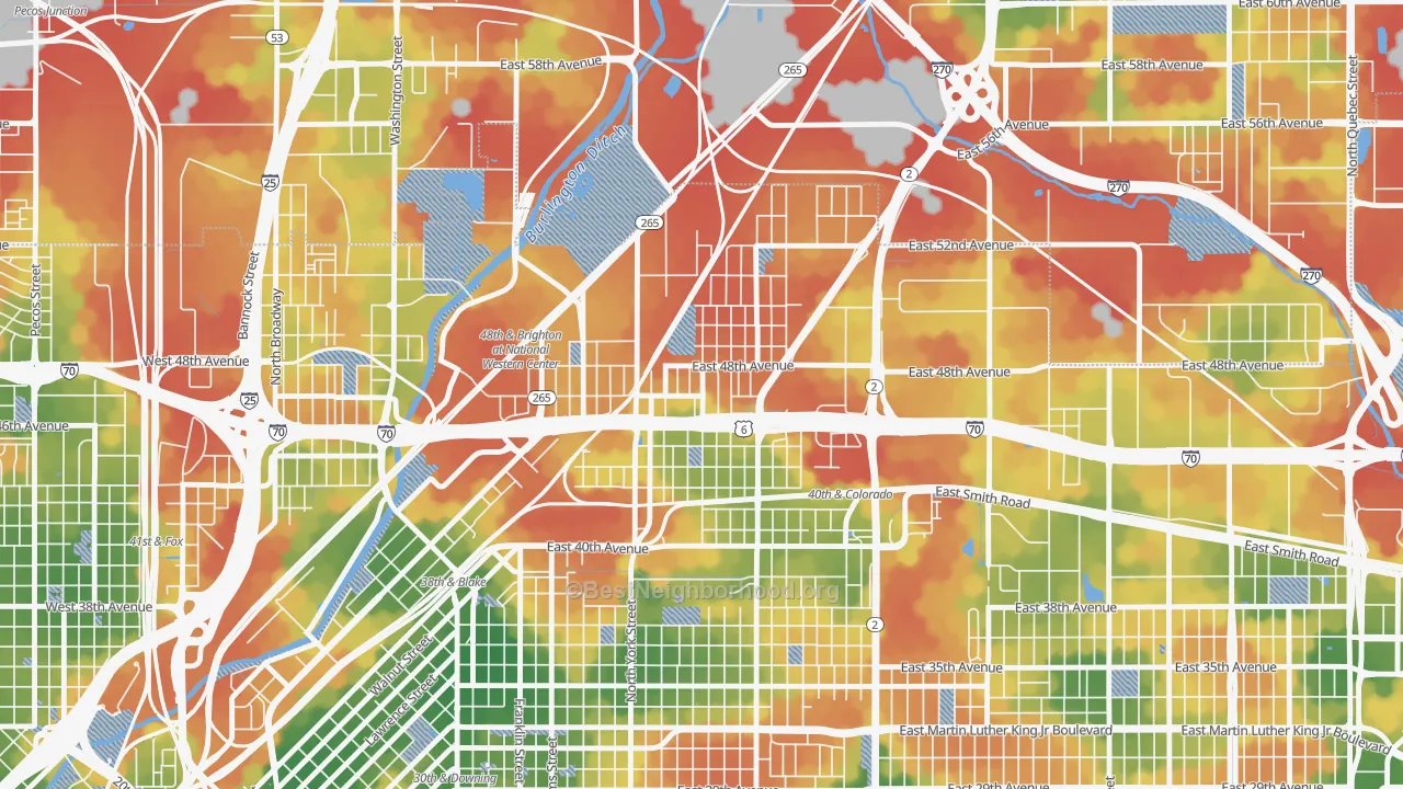 Walk Grade map of Elyria Swansea, Denver, CO, walkable areas in green and car-dependent areas in red