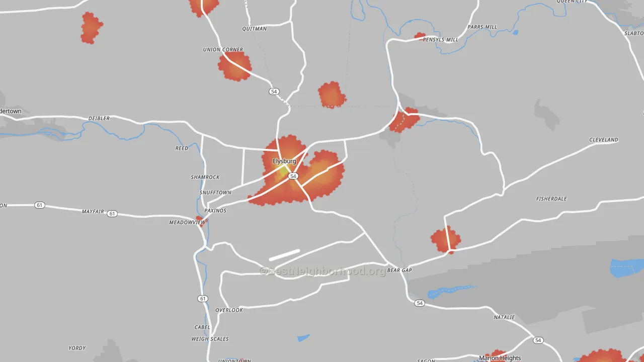 Walk Grade map of Elysburg, PA, walkable areas in green and car-dependent areas in red