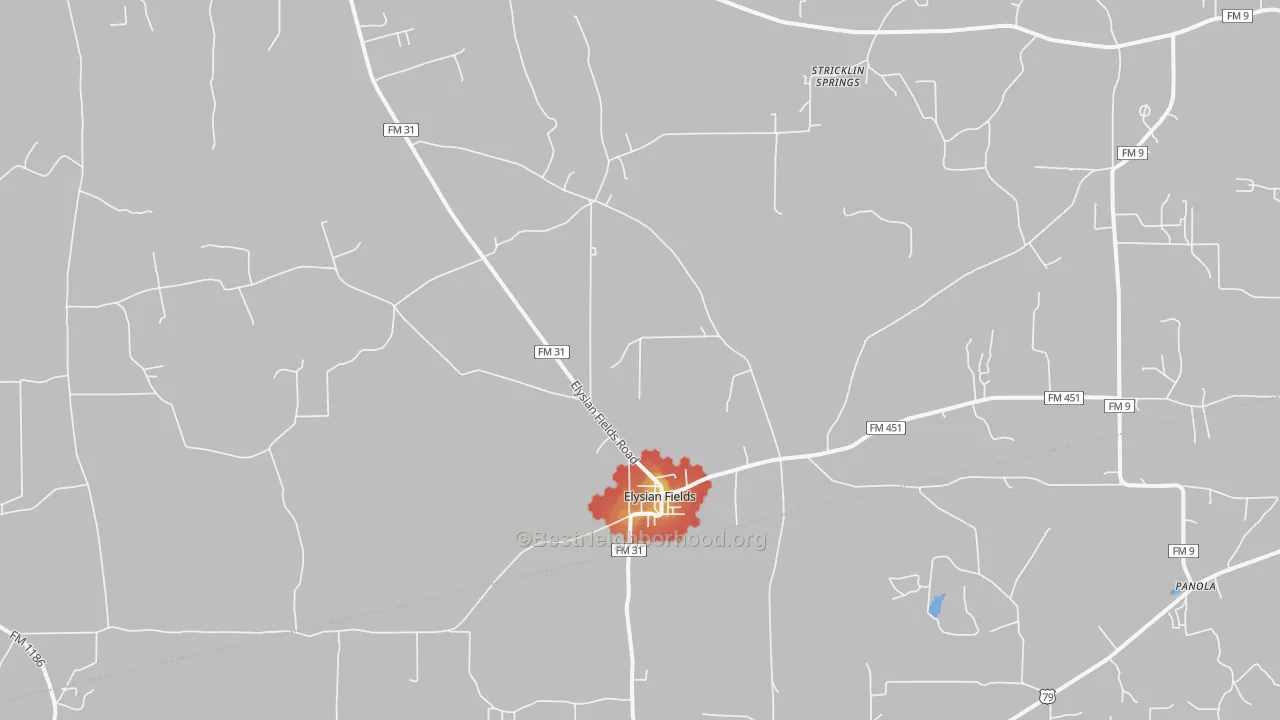 Walk Grade map of Elysian Fields, TX, walkable areas in green and car-dependent areas in red