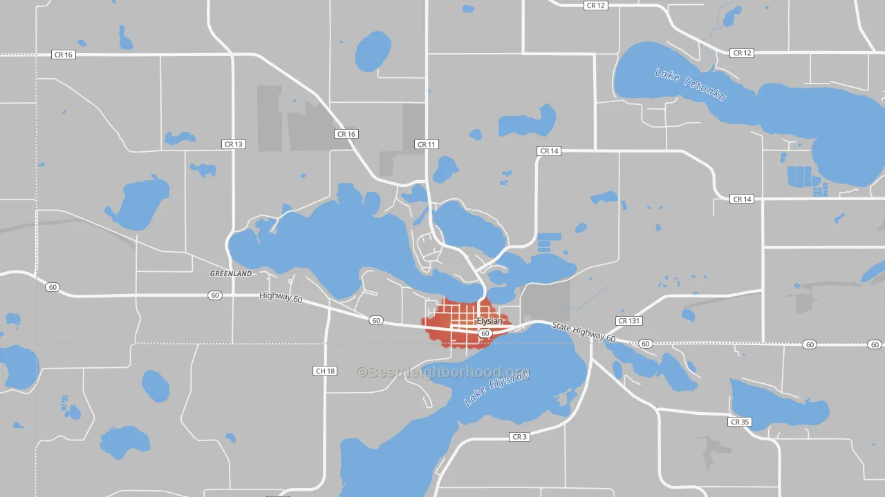 Walk Grade map of Elysian, MN, walkable areas in green and car-dependent areas in red
