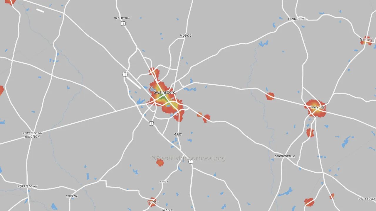 Walk Grade map of Emanuel County, GA, walkable areas in green and car-dependent areas in red