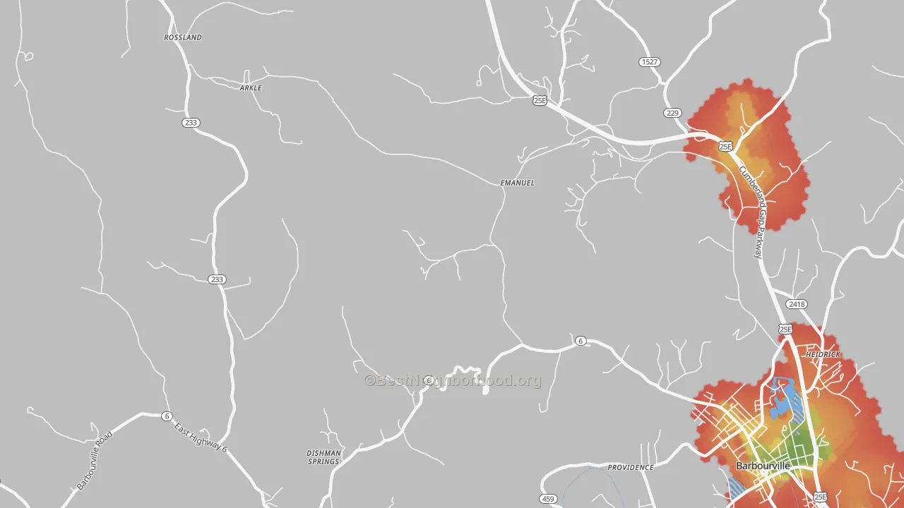 Walk Grade map of Emanuel, KY, walkable areas in green and car-dependent areas in red