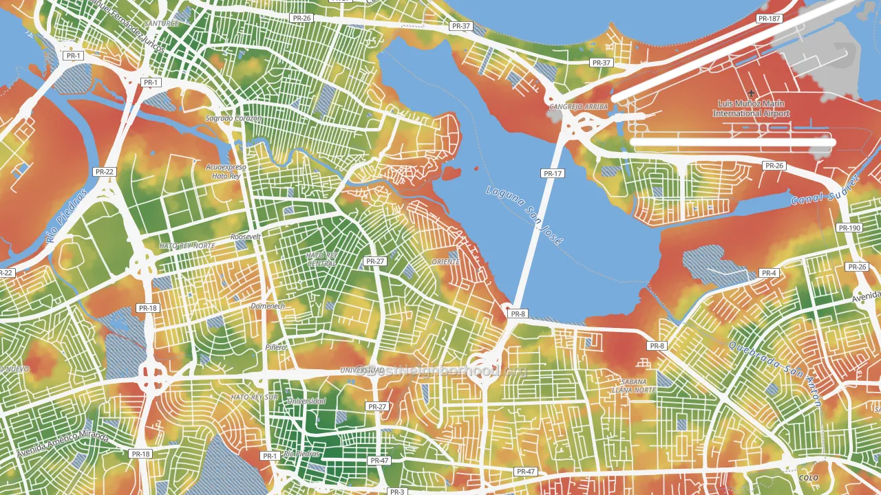 Walk Grade map of Embalse San Jose, San Juan, PR, walkable areas in green and car-dependent areas in red