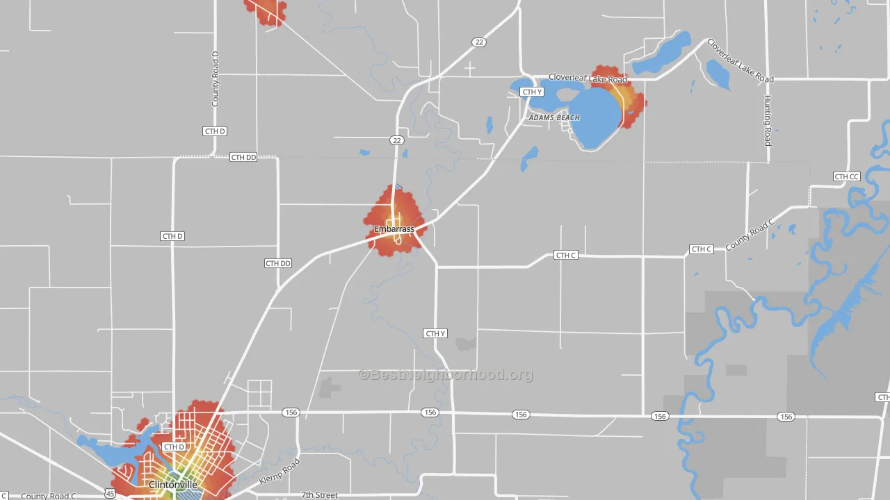 Walk Grade map of Embarrass, WI, walkable areas in green and car-dependent areas in red