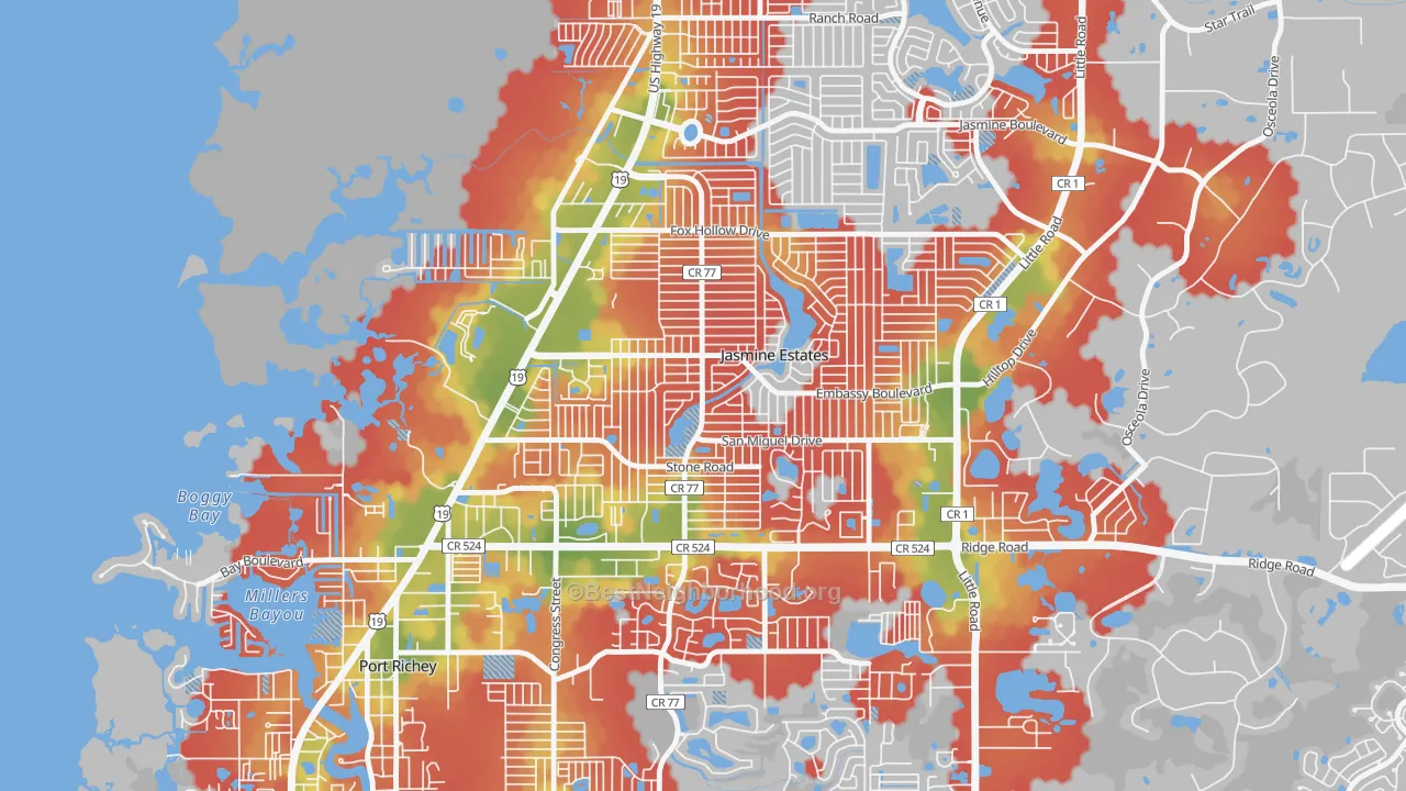 Walk Grade map of Embassy Hills, Jasmine Estates, FL, walkable areas in green and car-dependent areas in red