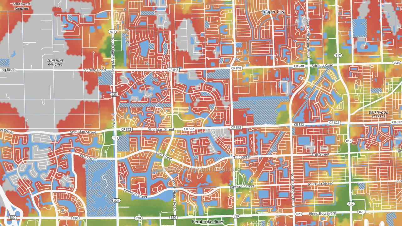 Walk Grade map of Embassy Lakes, Cooper City, FL, walkable areas in green and car-dependent areas in red
