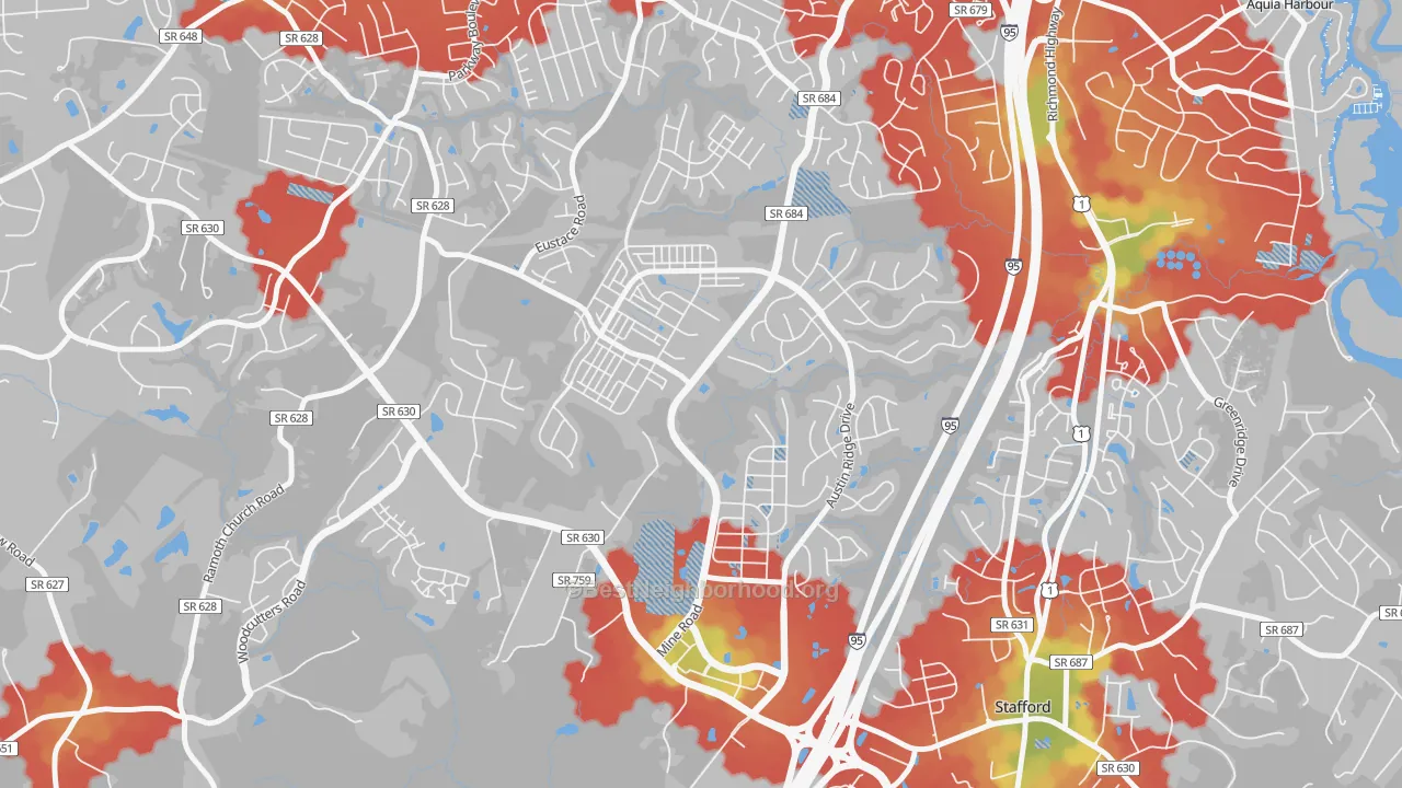 Walk Grade map of Embrey Mill, Stafford, VA, walkable areas in green and car-dependent areas in red