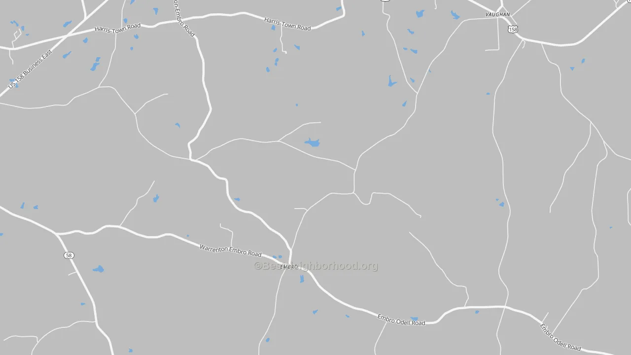 Walk Grade map of Embro, NC, walkable areas in green and car-dependent areas in red